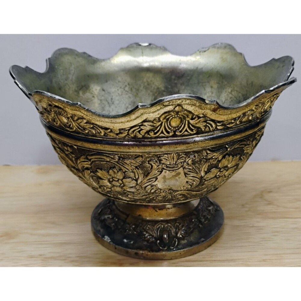 Silver Plated Bowl With Crown Rim & Repoussé Ornate Design Patina 5.5" diameter
